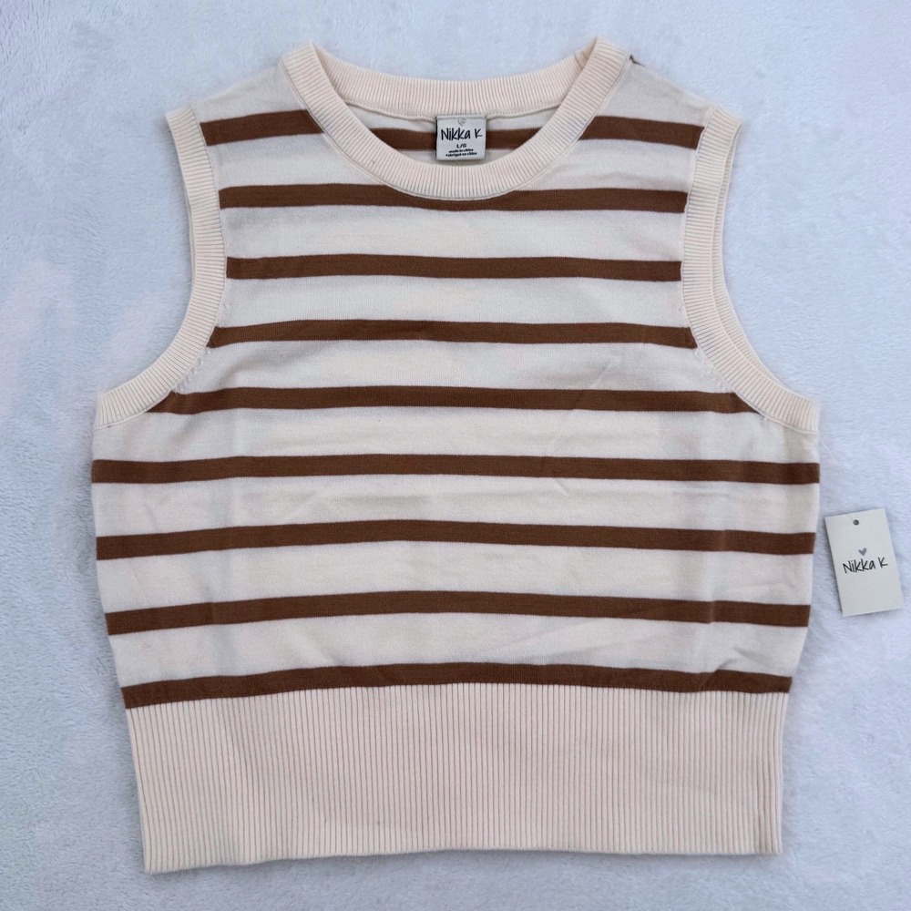NEW! Nikka K Striped Knit Sweater Tank Vest Ecru Iced Latte (Cream/Brown) Large